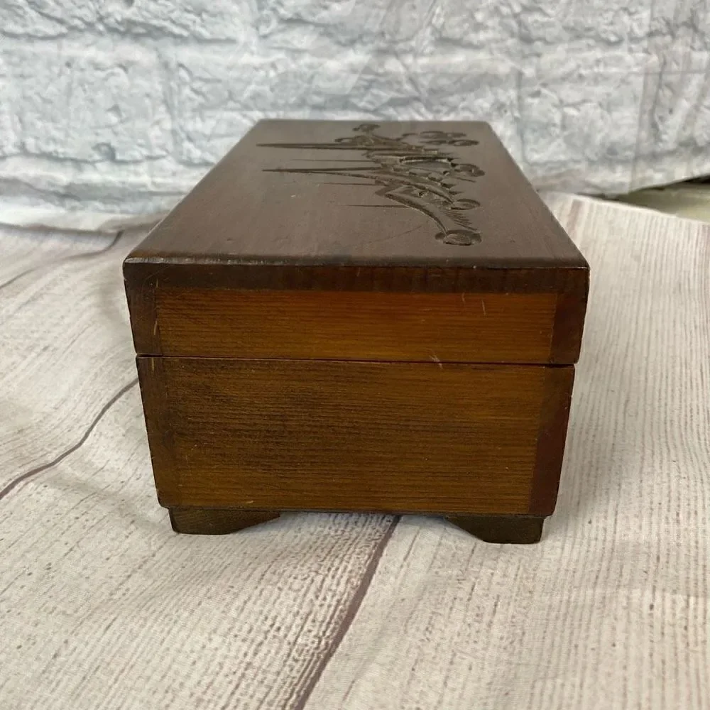 Vintage Wooden jewelry box with engraving and red velvet lining
